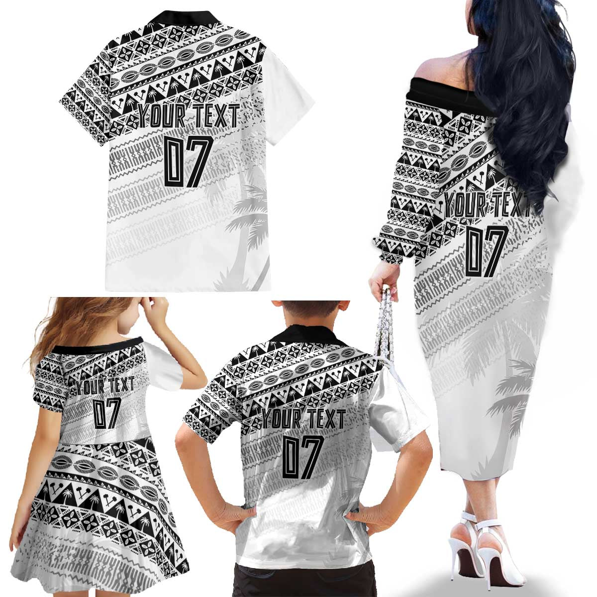 Fiji Rugby Custom Kaiviti Masi Family Matching Off The Shoulder Long Sleeve Dress and Hawaiian Shirt Black - Aussie Hoodie