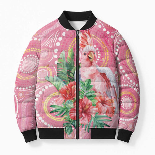 Breast Cancer Pink Cockatoo Bomber Puffer Jacket Indigenous Australia Watercolor Glaze - Aussie Hoodie