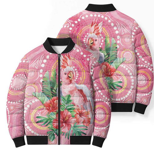 Breast Cancer Pink Cockatoo Bomber Puffer Jacket Indigenous Australia Watercolor Glaze - Aussie Hoodie