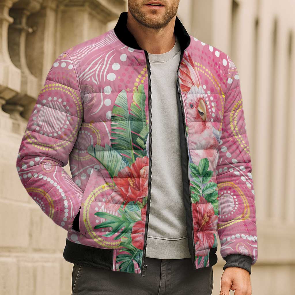 Breast Cancer Pink Cockatoo Bomber Puffer Jacket Indigenous Australia Watercolor Glaze - Aussie Hoodie