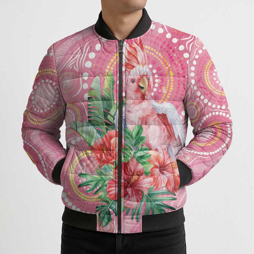 Breast Cancer Pink Cockatoo Bomber Puffer Jacket Indigenous Australia Watercolor Glaze - Aussie Hoodie
