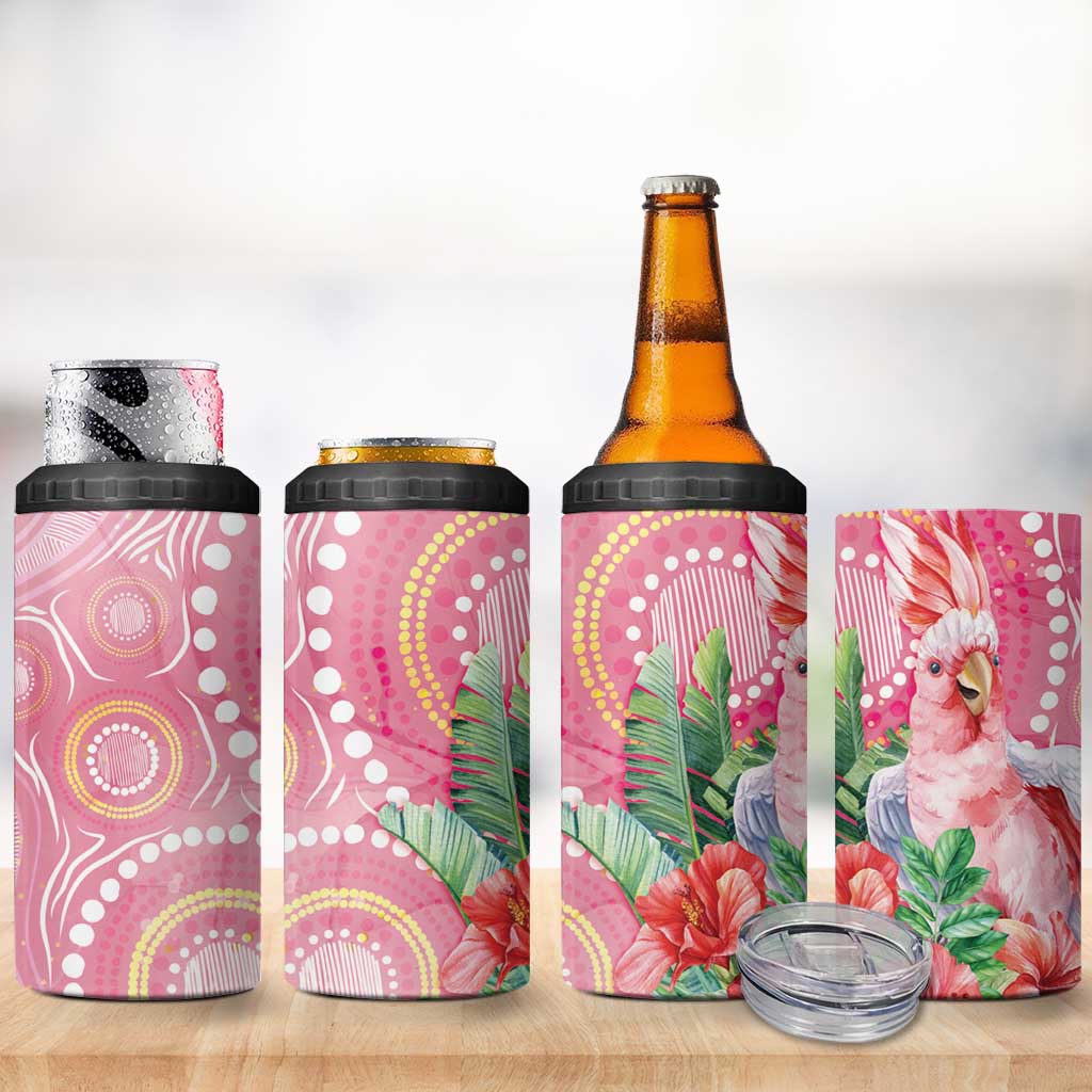Breast Cancer Pink Cockatoo 4 in 1 Can Cooler Tumbler Indigenous Australia Watercolor Glaze - Aussie Hoodie