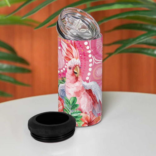 Breast Cancer Pink Cockatoo 4 in 1 Can Cooler Tumbler Indigenous Australia Watercolor Glaze - Aussie Hoodie