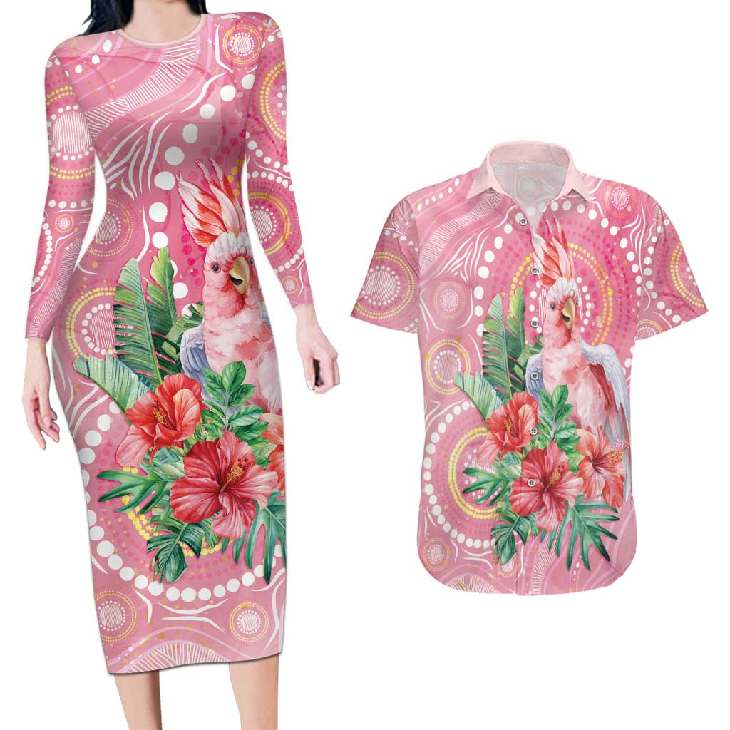 Breast Cancer Pink Cockatoo Couples Matching Long Sleeve Bodycon Dress and Hawaiian Shirt Indigenous Australia Watercolor Glaze - Aussie Hoodie