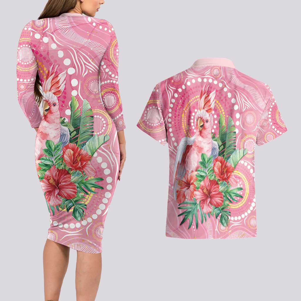 Breast Cancer Pink Cockatoo Couples Matching Long Sleeve Bodycon Dress and Hawaiian Shirt Indigenous Australia Watercolor Glaze - Aussie Hoodie