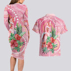 Breast Cancer Pink Cockatoo Couples Matching Long Sleeve Bodycon Dress and Hawaiian Shirt Indigenous Australia Watercolor Glaze - Aussie Hoodie