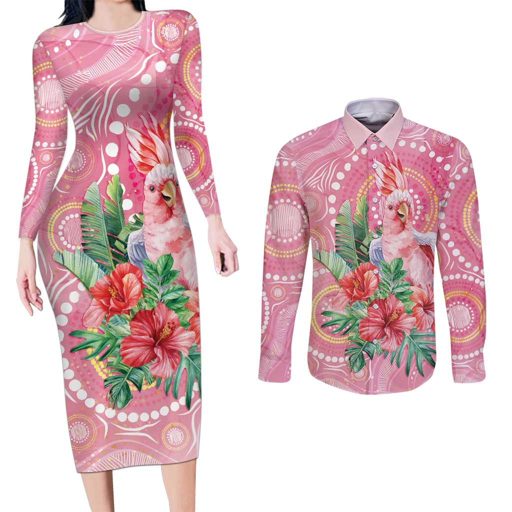 Breast Cancer Pink Cockatoo Couples Matching Long Sleeve Bodycon Dress and Long Sleeve Button Shirt Indigenous Australia Watercolor Glaze - Aussie Hoodie