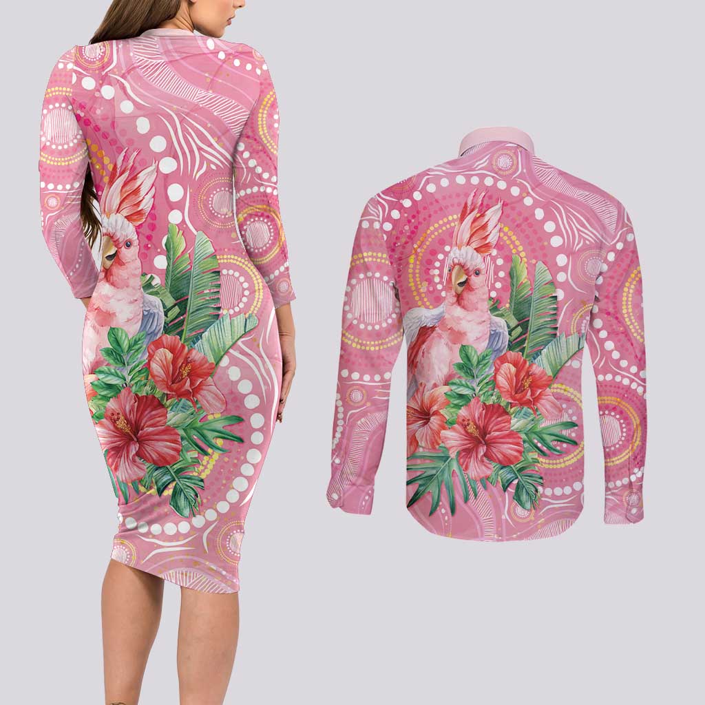 Breast Cancer Pink Cockatoo Couples Matching Long Sleeve Bodycon Dress and Long Sleeve Button Shirt Indigenous Australia Watercolor Glaze - Aussie Hoodie