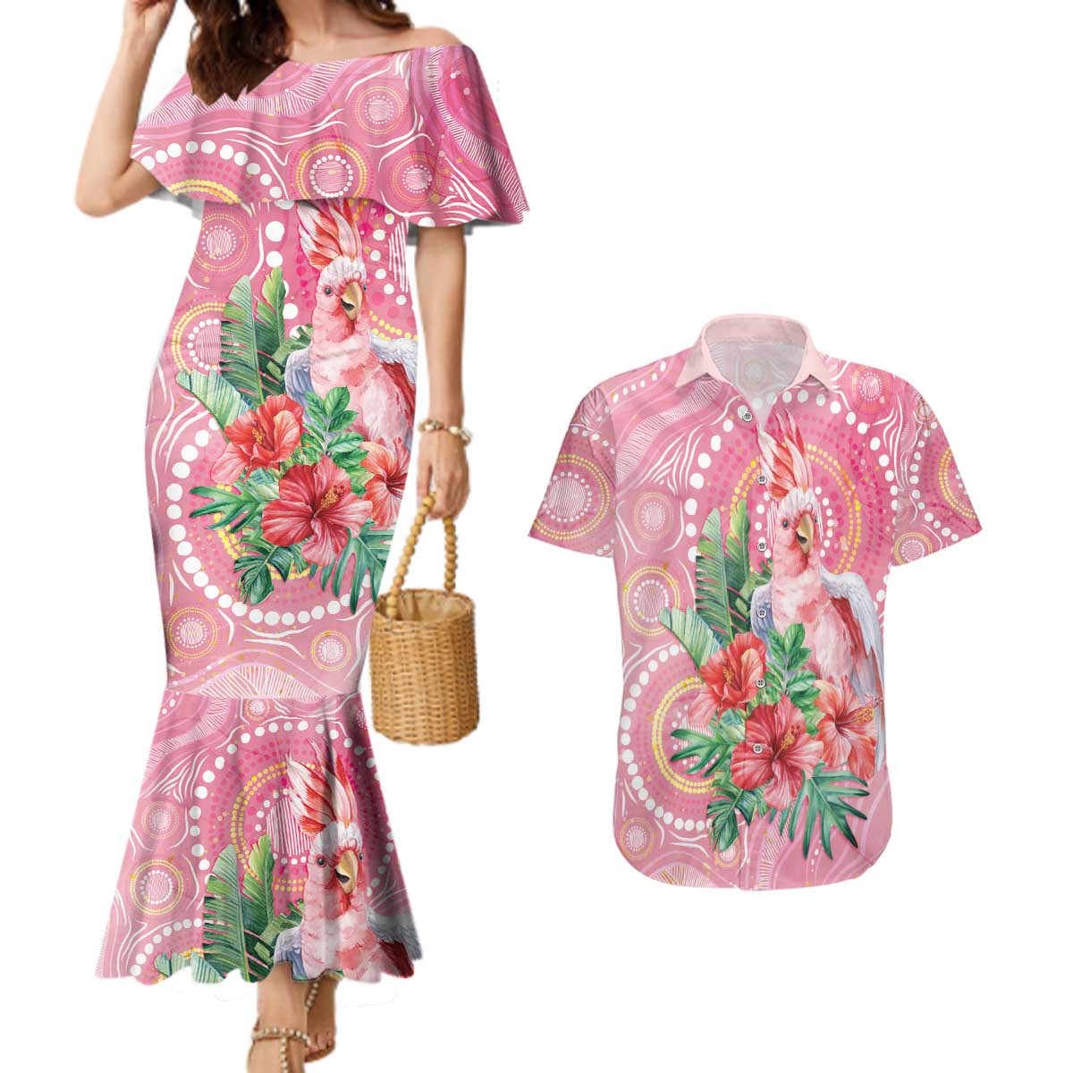 Breast Cancer Pink Cockatoo Couples Matching Mermaid Dress and Hawaiian Shirt Indigenous Australia Watercolor Glaze - Aussie Hoodie