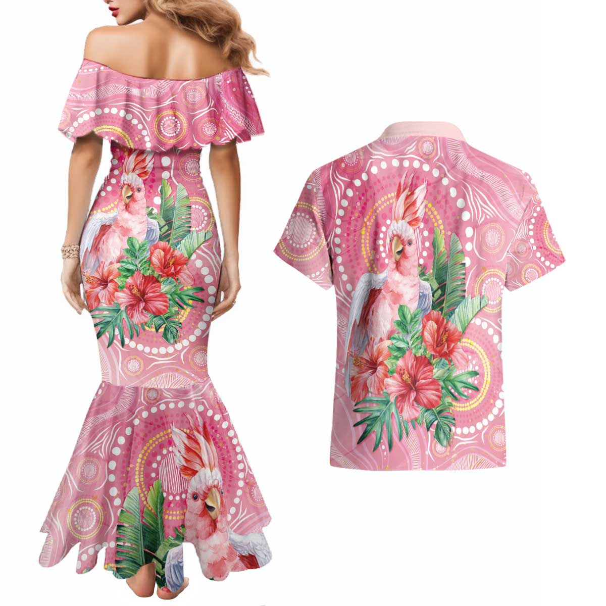 Breast Cancer Pink Cockatoo Couples Matching Mermaid Dress and Hawaiian Shirt Indigenous Australia Watercolor Glaze - Aussie Hoodie