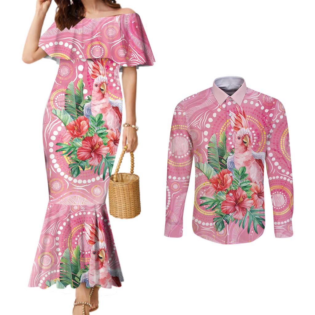 Breast Cancer Pink Cockatoo Couples Matching Mermaid Dress and Long Sleeve Button Shirt Indigenous Australia Watercolor Glaze - Aussie Hoodie