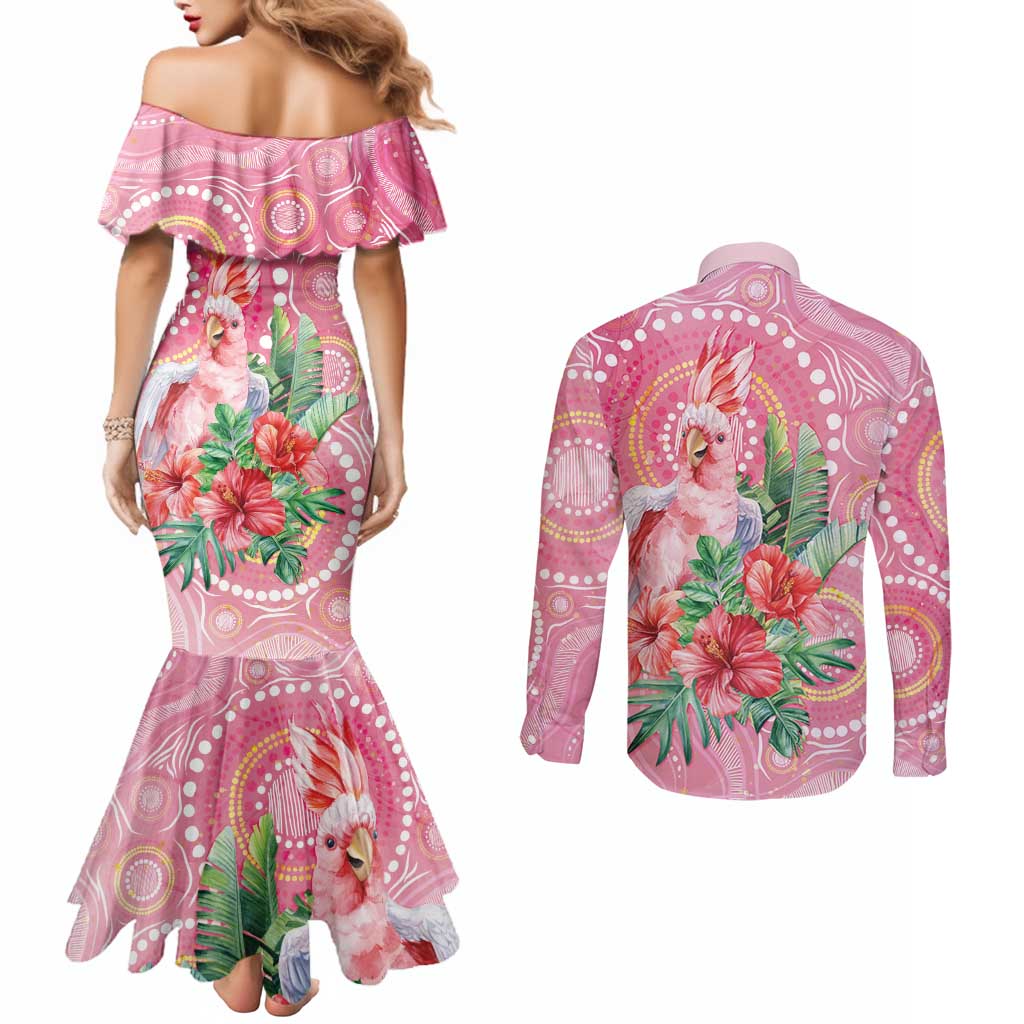 Breast Cancer Pink Cockatoo Couples Matching Mermaid Dress and Long Sleeve Button Shirt Indigenous Australia Watercolor Glaze - Aussie Hoodie