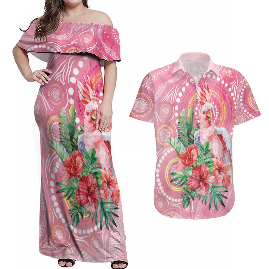 Breast Cancer Pink Cockatoo Couples Matching Off Shoulder Maxi Dress and Hawaiian Shirt Indigenous Australia Watercolor Glaze - Aussie Hoodie