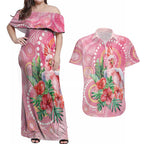Breast Cancer Pink Cockatoo Couples Matching Off Shoulder Maxi Dress and Hawaiian Shirt Indigenous Australia Watercolor Glaze - Aussie Hoodie