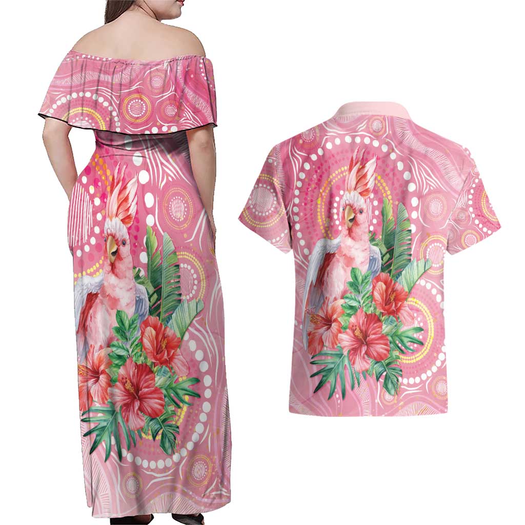 Breast Cancer Pink Cockatoo Couples Matching Off Shoulder Maxi Dress and Hawaiian Shirt Indigenous Australia Watercolor Glaze - Aussie Hoodie