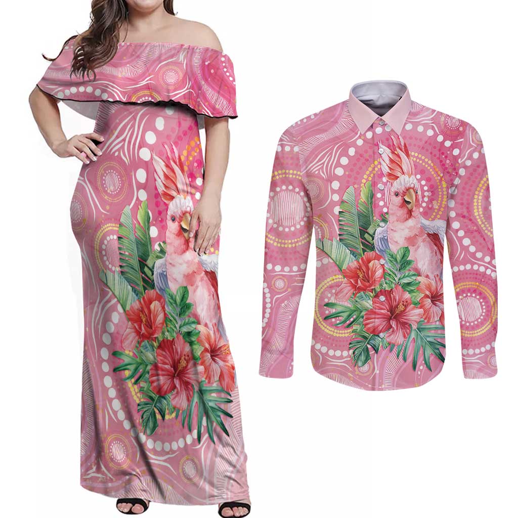 Breast Cancer Pink Cockatoo Couples Matching Off Shoulder Maxi Dress and Long Sleeve Button Shirt Indigenous Australia Watercolor Glaze - Aussie Hoodie