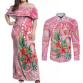 Breast Cancer Pink Cockatoo Couples Matching Off Shoulder Maxi Dress and Long Sleeve Button Shirt Indigenous Australia Watercolor Glaze - Aussie Hoodie