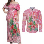 Breast Cancer Pink Cockatoo Couples Matching Off Shoulder Maxi Dress and Long Sleeve Button Shirt Indigenous Australia Watercolor Glaze - Aussie Hoodie