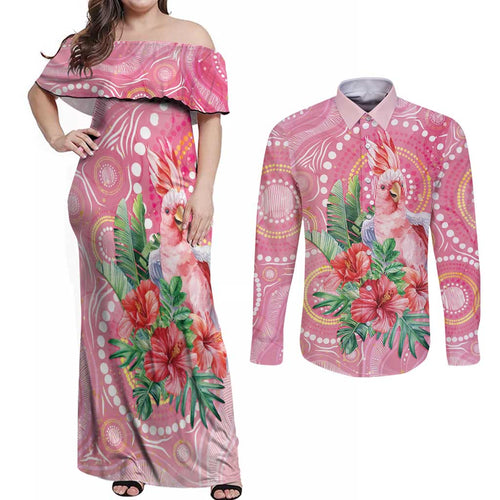 Breast Cancer Pink Cockatoo Couples Matching Off Shoulder Maxi Dress and Long Sleeve Button Shirt Indigenous Australia Watercolor Glaze - Aussie Hoodie