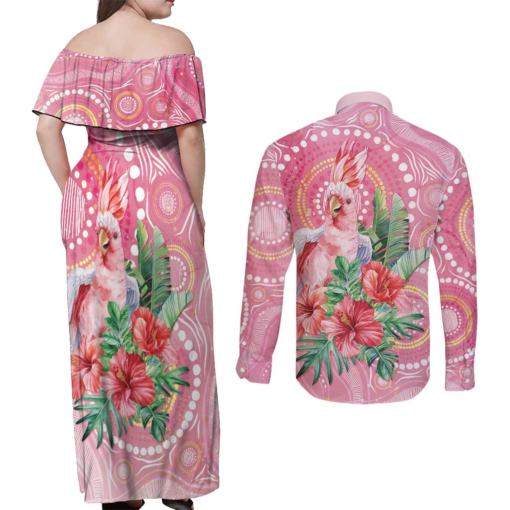 Breast Cancer Pink Cockatoo Couples Matching Off Shoulder Maxi Dress and Long Sleeve Button Shirt Indigenous Australia Watercolor Glaze - Aussie Hoodie