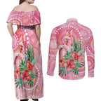 Breast Cancer Pink Cockatoo Couples Matching Off Shoulder Maxi Dress and Long Sleeve Button Shirt Indigenous Australia Watercolor Glaze - Aussie Hoodie