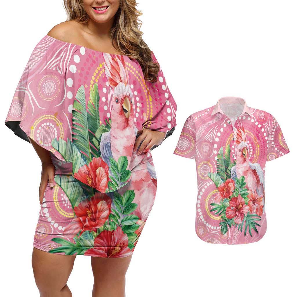 Breast Cancer Pink Cockatoo Couples Matching Off Shoulder Short Dress and Hawaiian Shirt Indigenous Australia Watercolor Glaze - Aussie Hoodie
