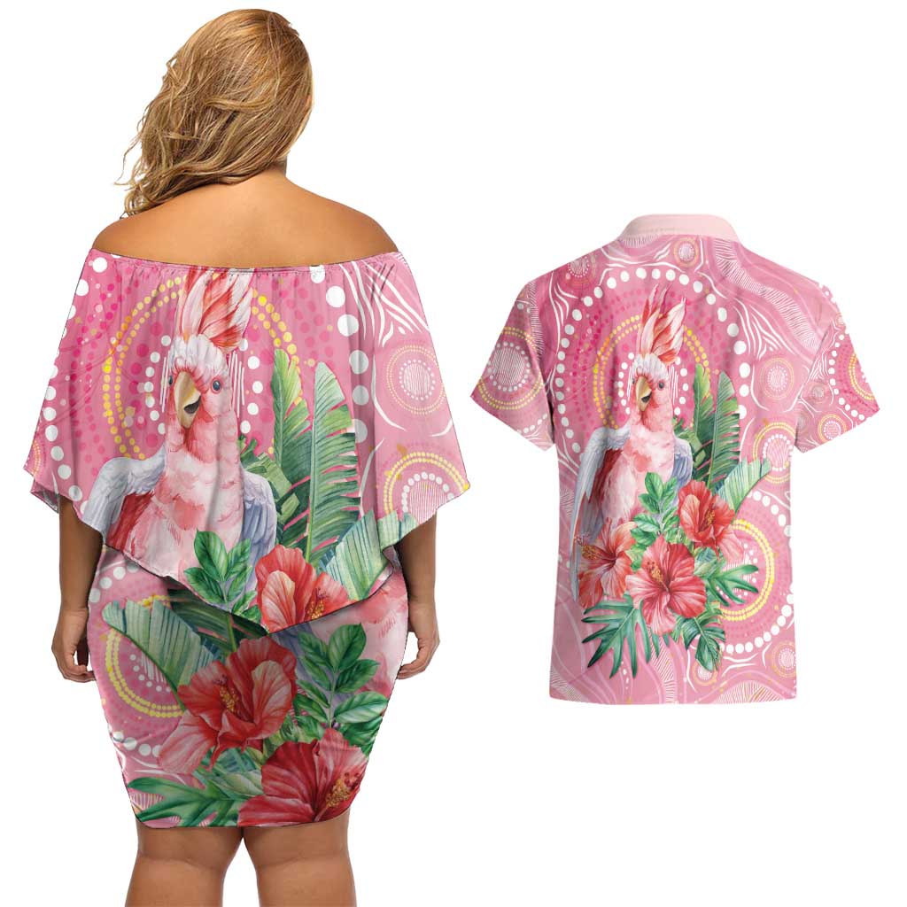 Breast Cancer Pink Cockatoo Couples Matching Off Shoulder Short Dress and Hawaiian Shirt Indigenous Australia Watercolor Glaze - Aussie Hoodie