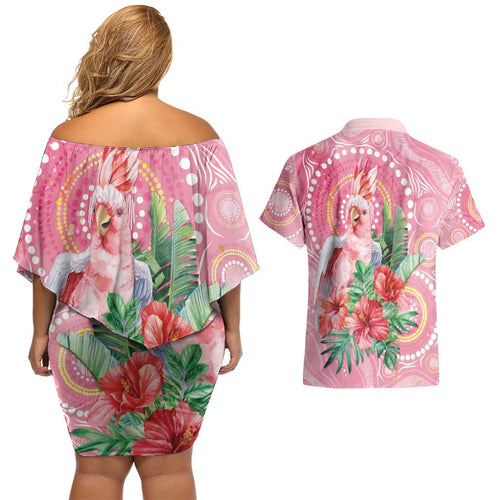 Breast Cancer Pink Cockatoo Couples Matching Off Shoulder Short Dress and Hawaiian Shirt Indigenous Australia Watercolor Glaze - Aussie Hoodie