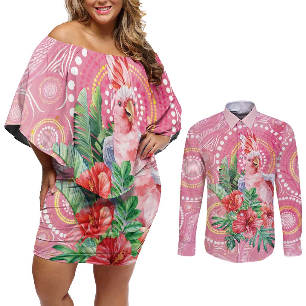 Breast Cancer Pink Cockatoo Couples Matching Off Shoulder Short Dress and Long Sleeve Button Shirt Indigenous Australia Watercolor Glaze - Aussie Hoodie