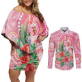 Breast Cancer Pink Cockatoo Couples Matching Off Shoulder Short Dress and Long Sleeve Button Shirt Indigenous Australia Watercolor Glaze - Aussie Hoodie