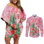 Breast Cancer Pink Cockatoo Couples Matching Off Shoulder Short Dress and Long Sleeve Button Shirt Indigenous Australia Watercolor Glaze - Aussie Hoodie