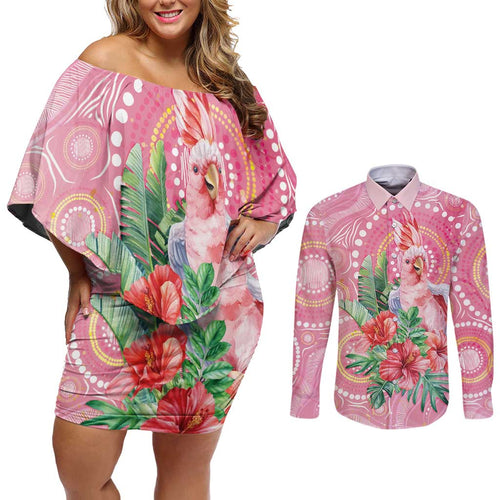Breast Cancer Pink Cockatoo Couples Matching Off Shoulder Short Dress and Long Sleeve Button Shirt Indigenous Australia Watercolor Glaze - Aussie Hoodie