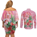 Breast Cancer Pink Cockatoo Couples Matching Off Shoulder Short Dress and Long Sleeve Button Shirt Indigenous Australia Watercolor Glaze - Aussie Hoodie