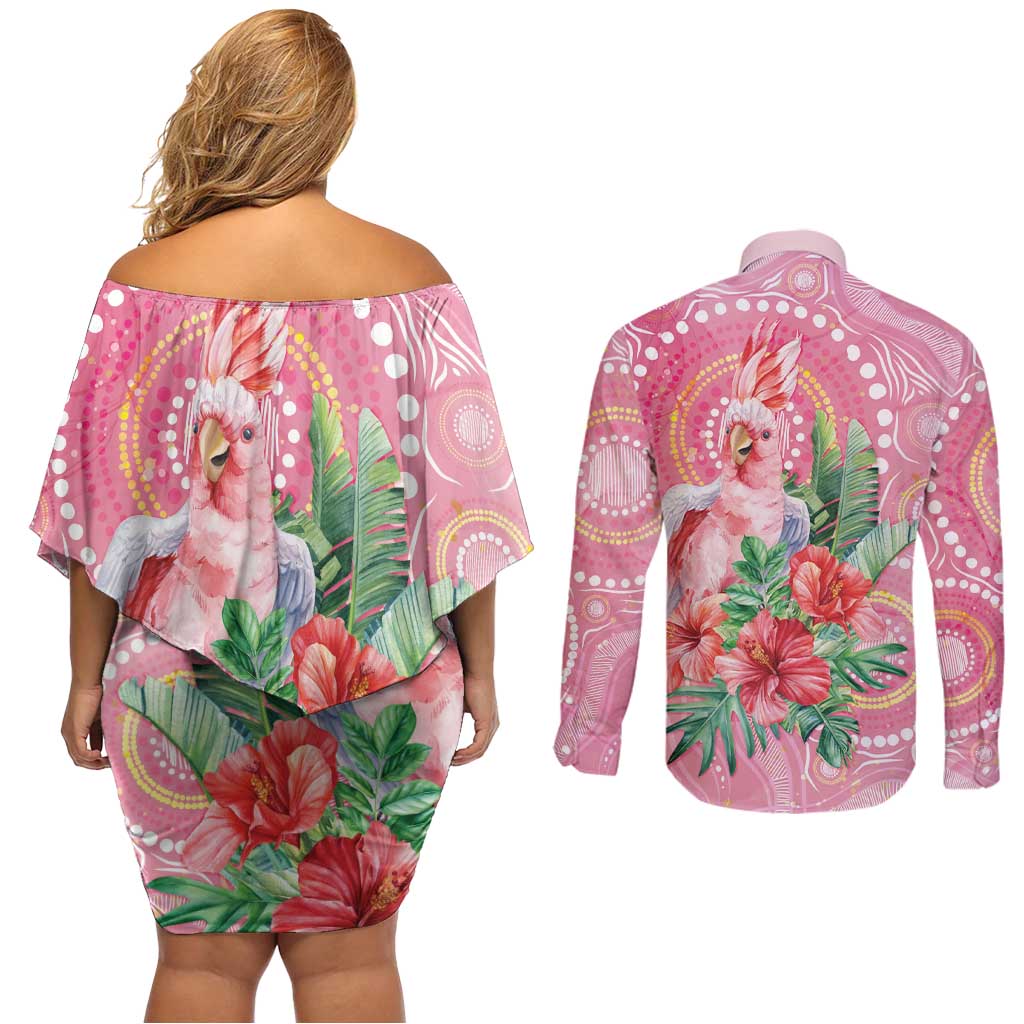 Breast Cancer Pink Cockatoo Couples Matching Off Shoulder Short Dress and Long Sleeve Button Shirt Indigenous Australia Watercolor Glaze - Aussie Hoodie
