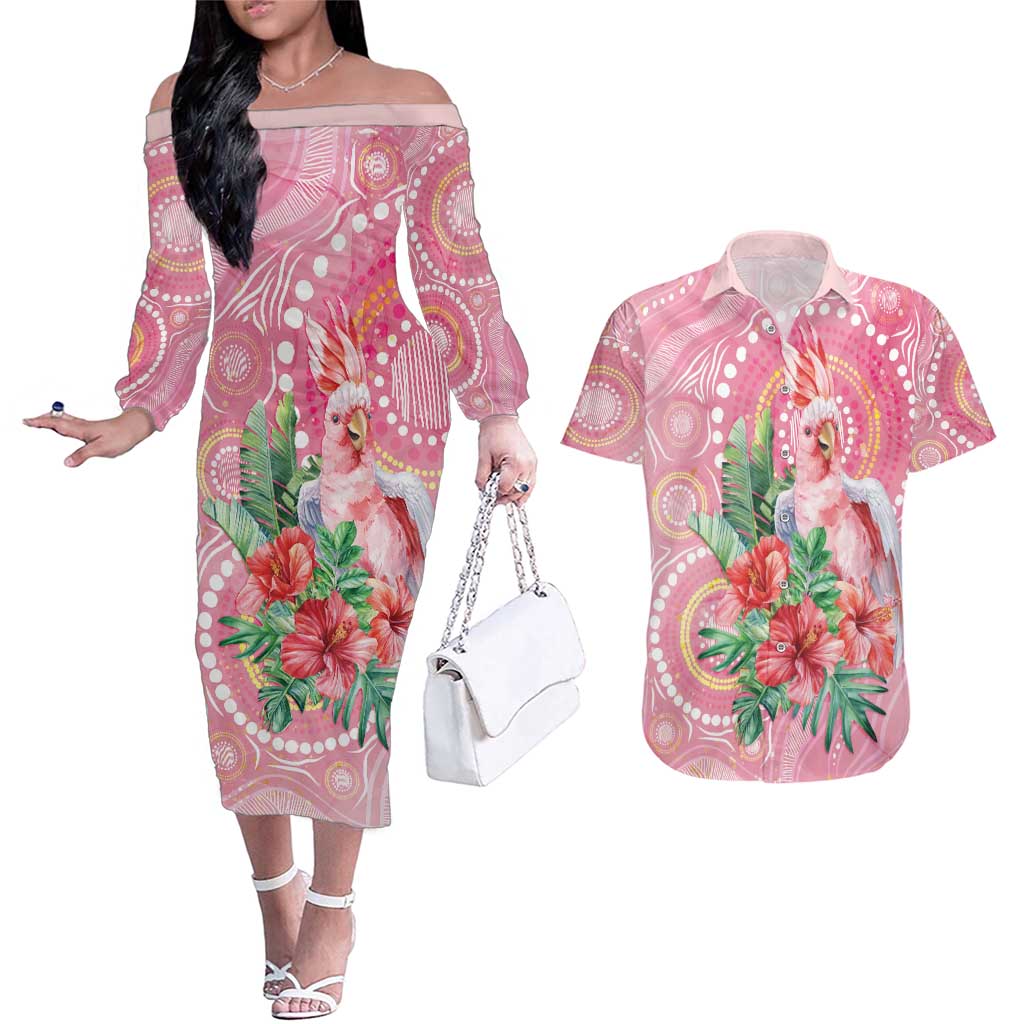 Breast Cancer Pink Cockatoo Couples Matching Off The Shoulder Long Sleeve Dress and Hawaiian Shirt Indigenous Australia Watercolor Glaze - Aussie Hoodie