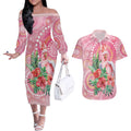 Breast Cancer Pink Cockatoo Couples Matching Off The Shoulder Long Sleeve Dress and Hawaiian Shirt Indigenous Australia Watercolor Glaze - Aussie Hoodie