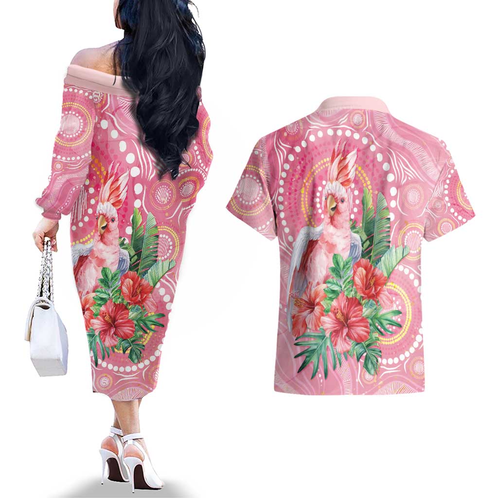 Breast Cancer Pink Cockatoo Couples Matching Off The Shoulder Long Sleeve Dress and Hawaiian Shirt Indigenous Australia Watercolor Glaze - Aussie Hoodie