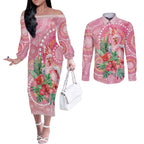 Breast Cancer Pink Cockatoo Couples Matching Off The Shoulder Long Sleeve Dress and Long Sleeve Button Shirt Indigenous Australia Watercolor Glaze - Aussie Hoodie