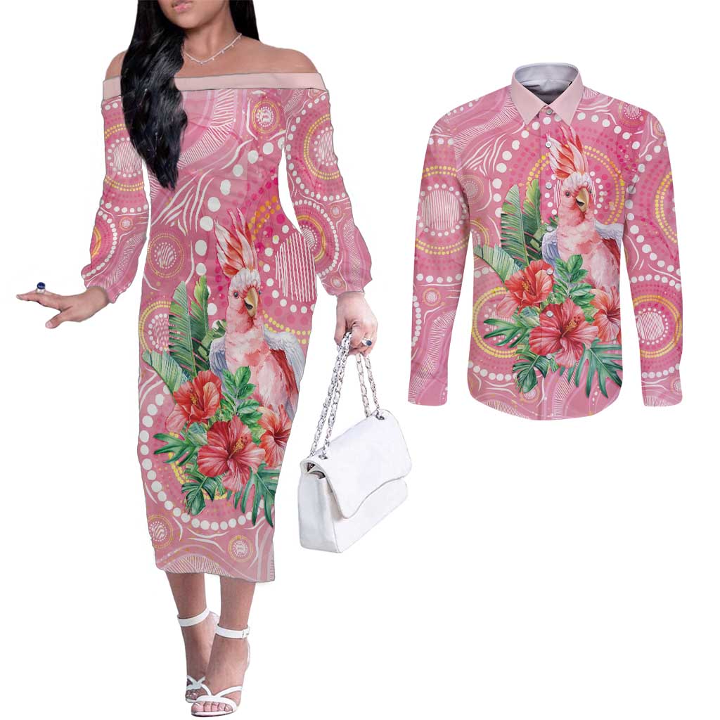 Breast Cancer Pink Cockatoo Couples Matching Off The Shoulder Long Sleeve Dress and Long Sleeve Button Shirt Indigenous Australia Watercolor Glaze - Aussie Hoodie