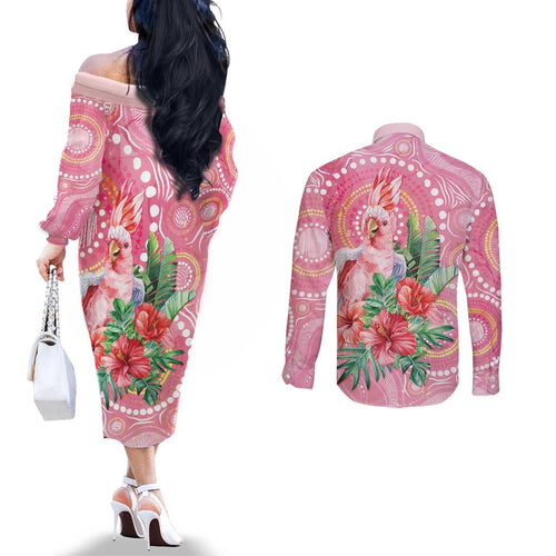 Breast Cancer Pink Cockatoo Couples Matching Off The Shoulder Long Sleeve Dress and Long Sleeve Button Shirt Indigenous Australia Watercolor Glaze - Aussie Hoodie