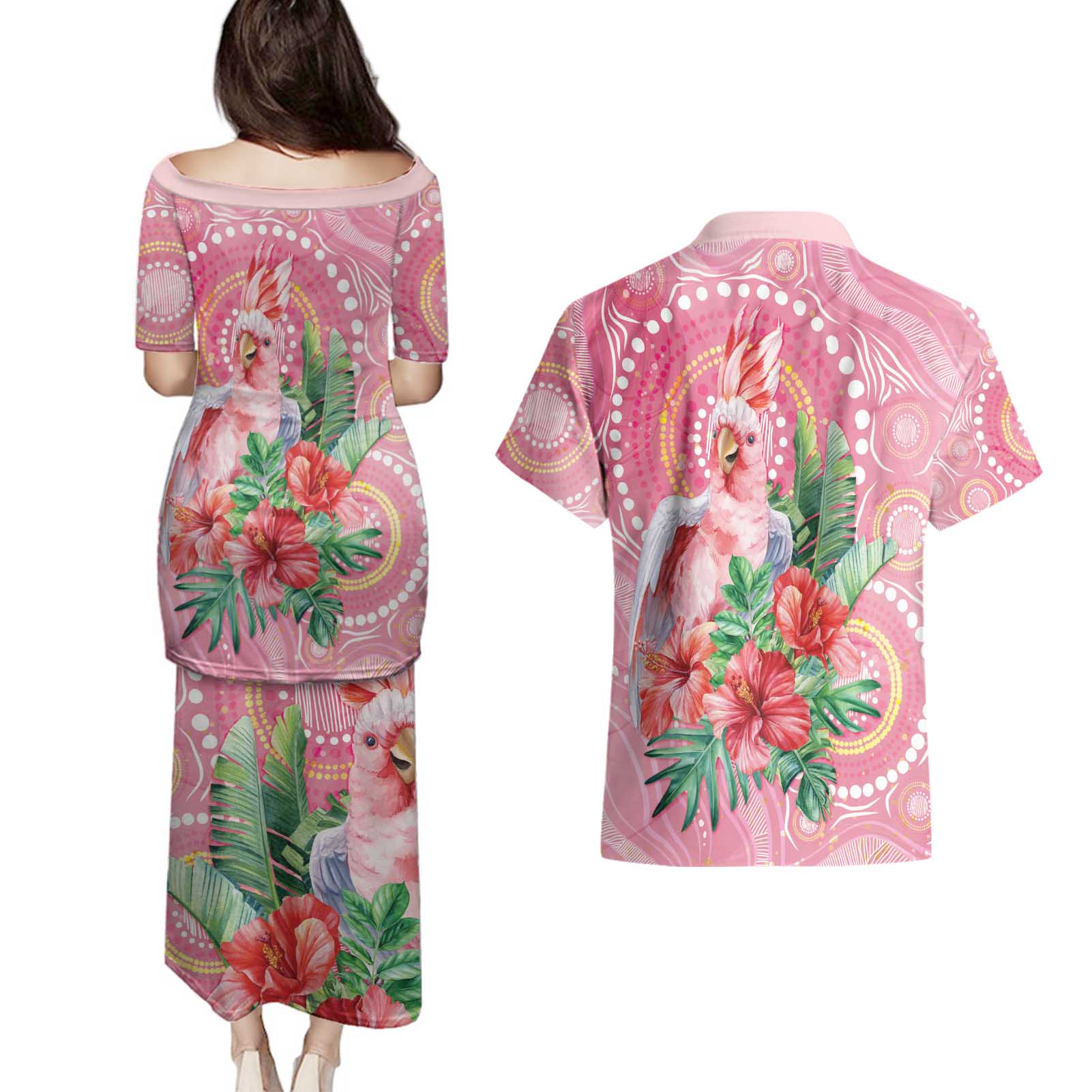 Breast Cancer Pink Cockatoo Couples Matching Puletasi and Hawaiian Shirt Indigenous Australia Watercolor Glaze - Aussie Hoodie