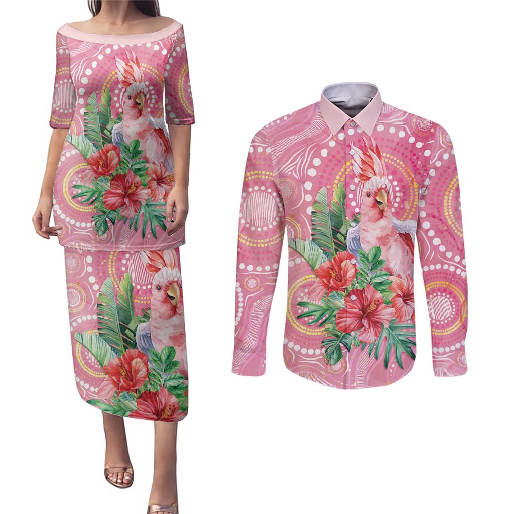 Breast Cancer Pink Cockatoo Couples Matching Puletasi and Long Sleeve Button Shirt Indigenous Australia Watercolor Glaze - Aussie Hoodie