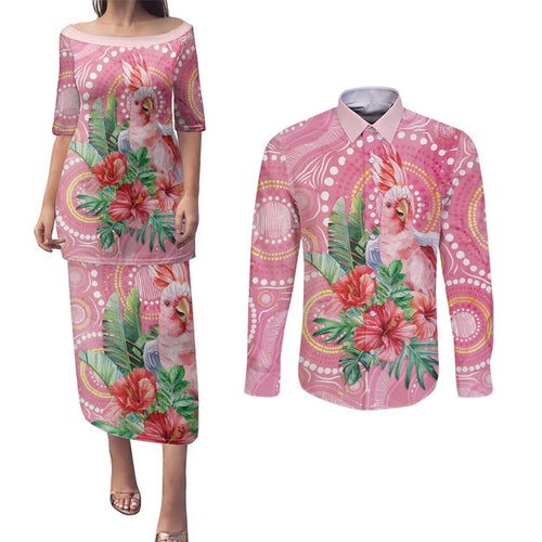 Breast Cancer Pink Cockatoo Couples Matching Puletasi and Long Sleeve Button Shirt Indigenous Australia Watercolor Glaze - Aussie Hoodie