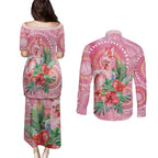 Breast Cancer Pink Cockatoo Couples Matching Puletasi and Long Sleeve Button Shirt Indigenous Australia Watercolor Glaze - Aussie Hoodie