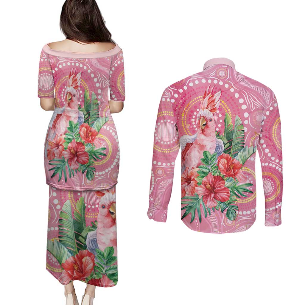Breast Cancer Pink Cockatoo Couples Matching Puletasi and Long Sleeve Button Shirt Indigenous Australia Watercolor Glaze - Aussie Hoodie