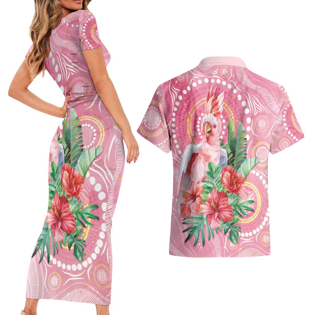 Breast Cancer Pink Cockatoo Couples Matching Short Sleeve Bodycon Dress and Hawaiian Shirt Indigenous Australia Watercolor Glaze - Aussie Hoodie