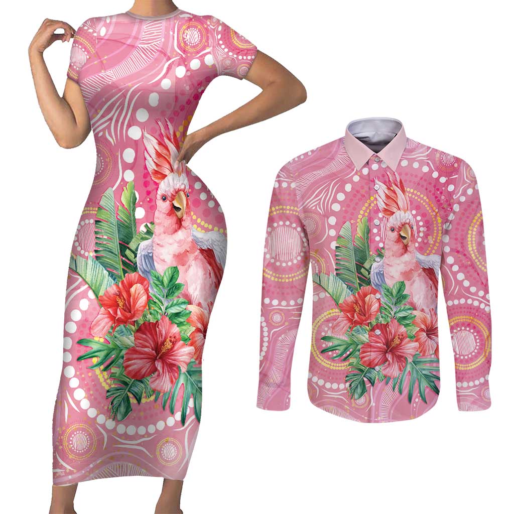 Breast Cancer Pink Cockatoo Couples Matching Short Sleeve Bodycon Dress and Long Sleeve Button Shirt Indigenous Australia Watercolor Glaze - Aussie Hoodie