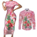 Breast Cancer Pink Cockatoo Couples Matching Short Sleeve Bodycon Dress and Long Sleeve Button Shirt Indigenous Australia Watercolor Glaze - Aussie Hoodie