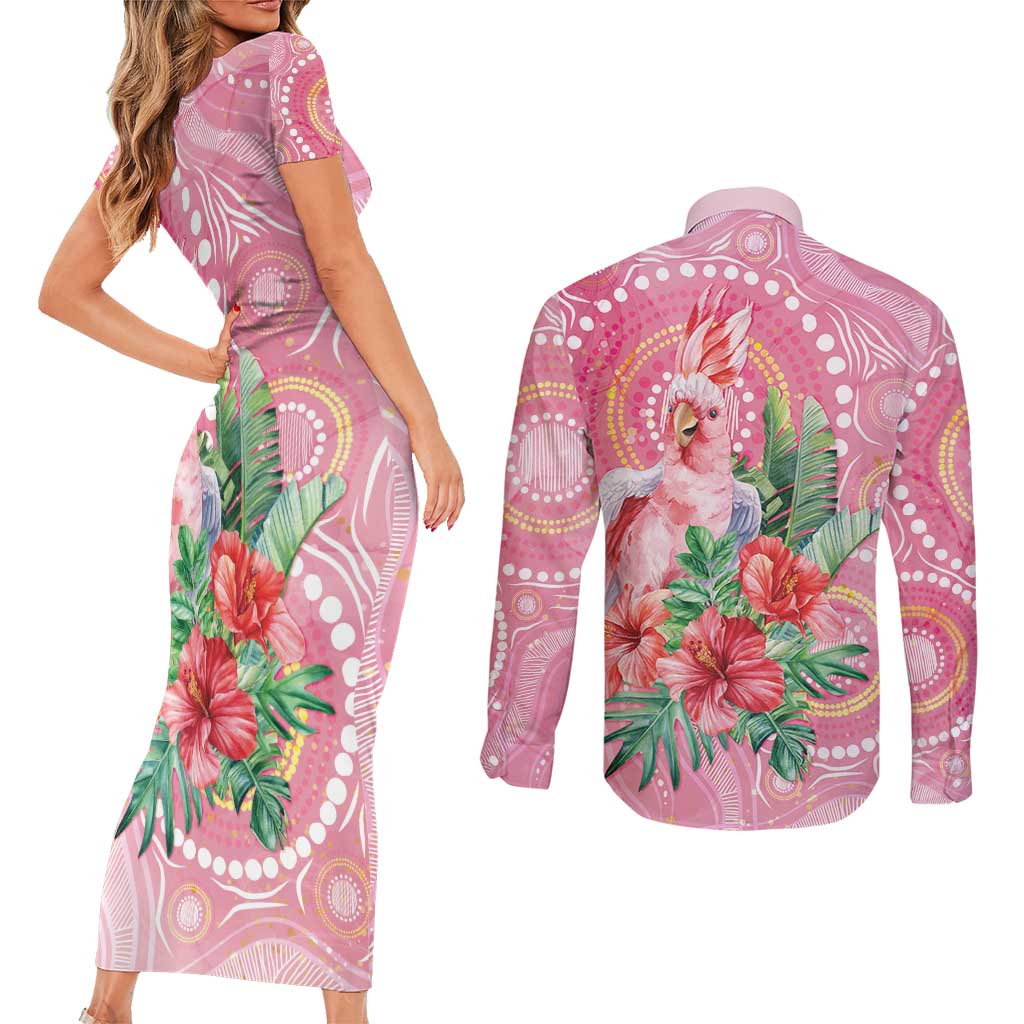 Breast Cancer Pink Cockatoo Couples Matching Short Sleeve Bodycon Dress and Long Sleeve Button Shirt Indigenous Australia Watercolor Glaze - Aussie Hoodie