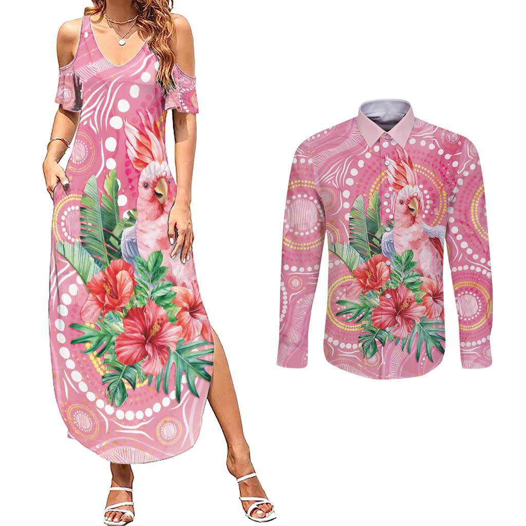 Breast Cancer Pink Cockatoo Couples Matching Summer Maxi Dress and Long Sleeve Button Shirt Indigenous Australia Watercolor Glaze - Aussie Hoodie